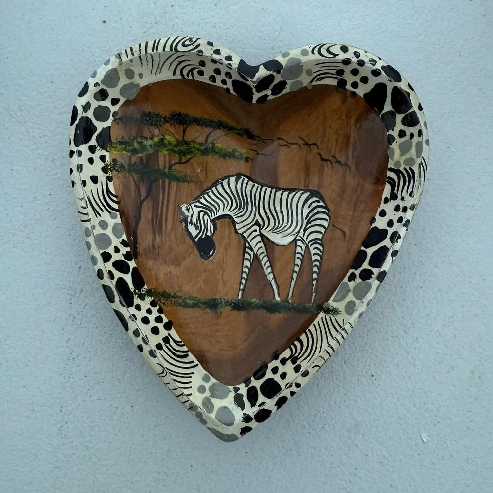 Folk Art Heart Shaped Wooden Heart Trinket Dish‎ Zebra Painted Animal Print